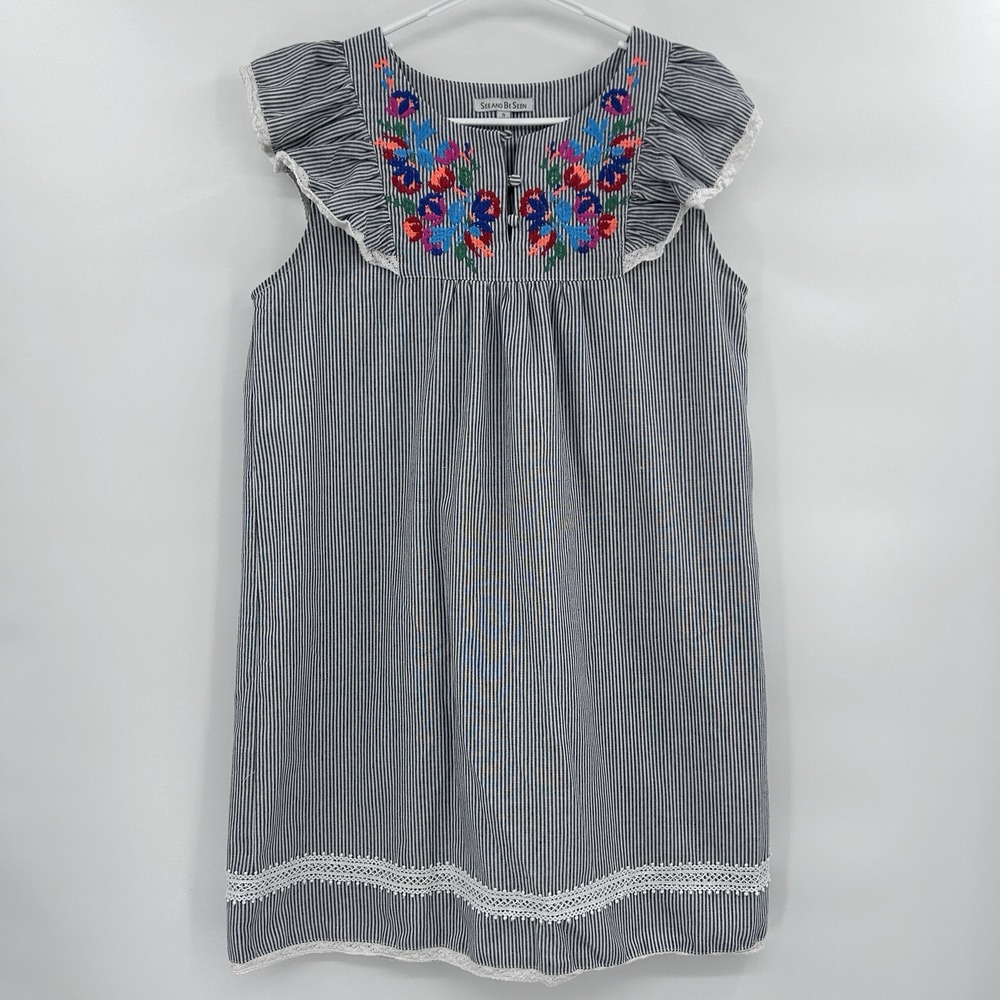 See And Be Seen Womens Boho Embroidered‎ Pinstripe Dress Size S Beachy Peasant